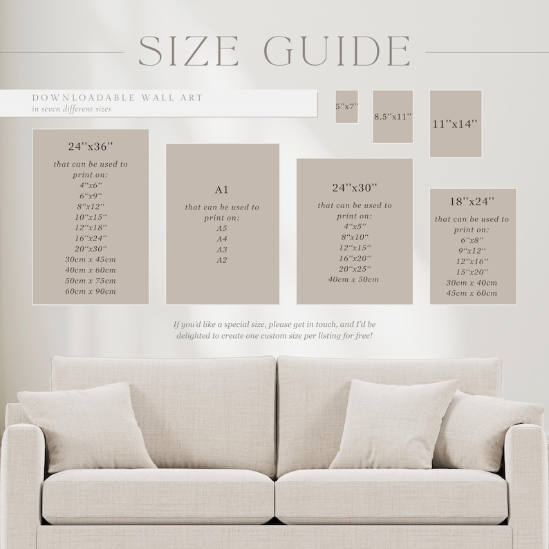May include: A size guide for downloadable wall art, with dimensions in inches and centimeters. The guide includes sizes like 24"x36", 18"x24", and A1, A2, A3, A4, and A5. The text is displayed on a neutral background.