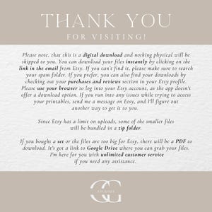 May include: A digital download announcement with the text "THANK YOU FOR VISITING!" in a stylish font. The message provides instructions for accessing digital files, including checking spam folders and using a browser for Etsy downloads.