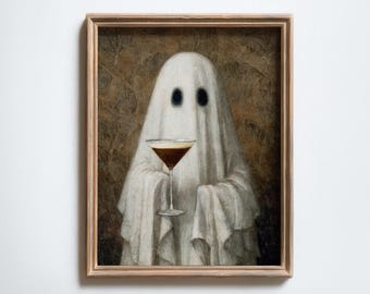 cute ghost with espresso martini print funny halloween decor, vintage halloween art spooky decor, whimsical art cocktail print bar decor