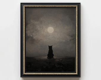 black cat wall art halloween print spooky decor, dark academia art halloween cat decor moody wall print, victorian gothic art witchy decor
