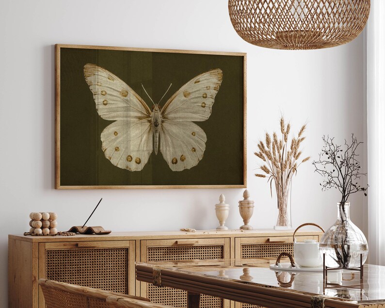 May include: A framed print of a white butterfly with brown markings on a dark green background.