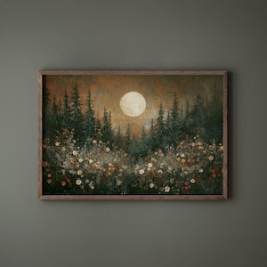 night sky art landscape painting moon decor, wildflower wall art botanical print nature decor, rustic wall art mountain prints moody decor