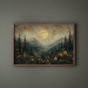 night sky art landscape painting moon decor, rustic wall art mountain prints nature decor, wildflower wall art botanical print moody decor