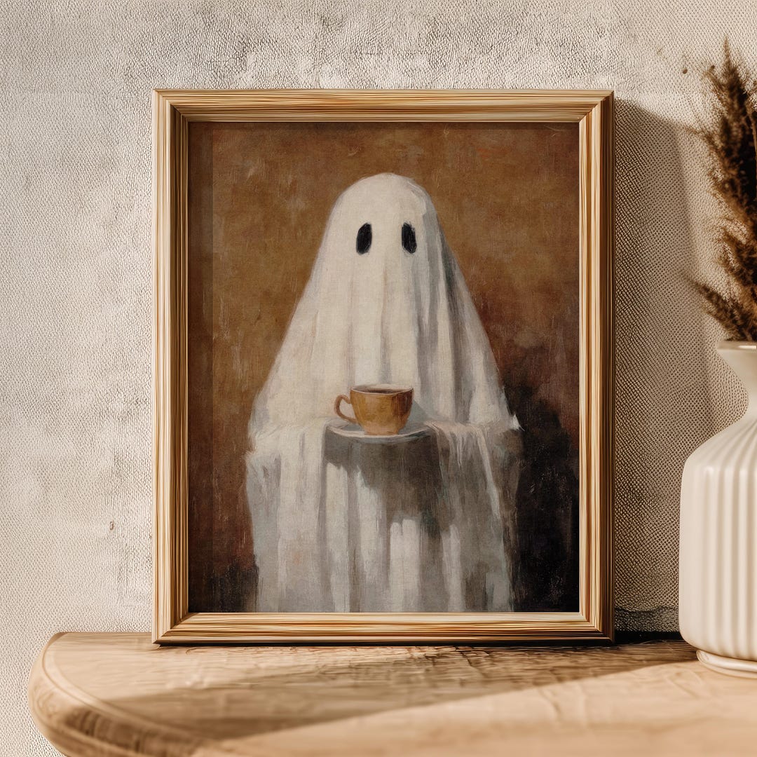 Coffee Print Cute Ghost Painting Vintage Halloween Decor, Rustic Wall ...