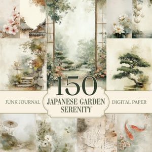 May include: A collection of 150 digital papers with a Japanese garden theme. The papers feature watercolor illustrations of serene landscapes, bonsai trees, koi fish, and traditional architecture. The text on the image reads "Junk Journal", "Japanese Garden Serenity", and "Digital Paper".