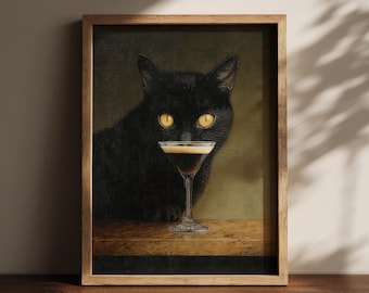 black cat art espresso martini print bar cart decor, kitchen wall art jazz club aesthetic retro wall decor, funny wall art cat lover gift