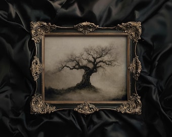 May include: An ornate, rectangular picture frame with a dark, antique gold finish. The frame surrounds a sepia-toned landscape painting of a bare tree on a misty hillside. The background is a dark, draped fabric.