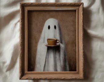 koffie print schattig spook schilderij vintage halloween decor, donkere academische kunst keuken print grillige decor, rustieke muur kunst gezellige herfst decor