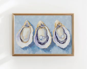 oyster painting grandmillenial wall art beach decor, seafood art kitchen decor, oyster shell nautical wall art bedroom print coastal decor