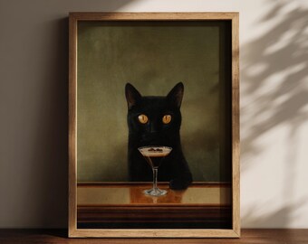 black cat art espresso martini print retro wall decor, kitchen wall art jazz club aesthetic bar cart decor, funny wall art cat lover gift