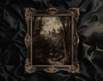 forest wall art castle oil painting knight decor, vintage moody wall art medieval goth decor, victorian gothic art dark fairytale decor