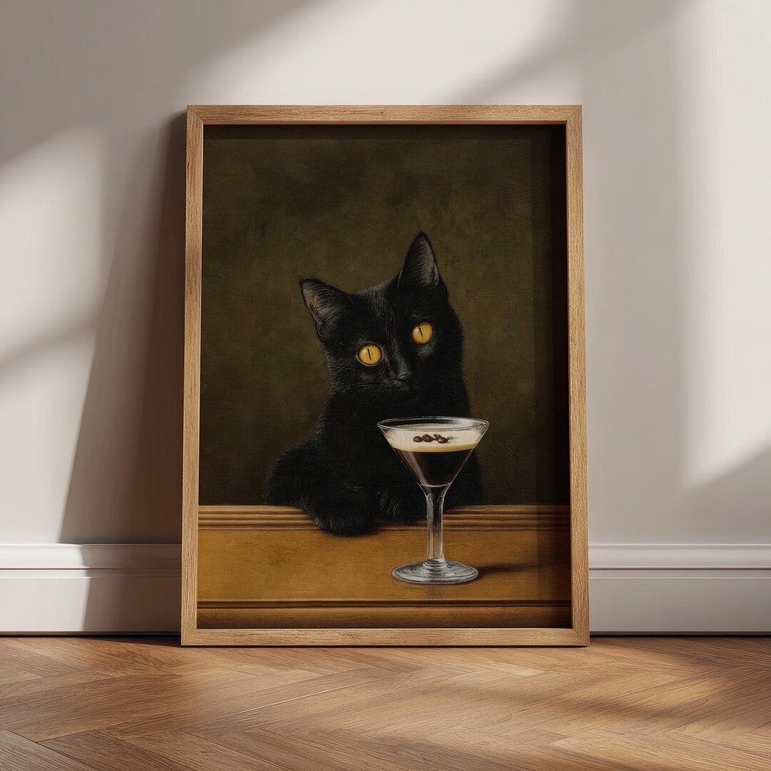 Black Cat Art Espresso Martini Print Bar Cart Decor, Funny Wall Art Cat ...