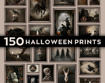 Vintage Halloween Decor Gallery Wall Art Set Of 150 Dark Academia Prints, Halloween Wall Art Mega Bundle Goth Decor, moody art spooky decor