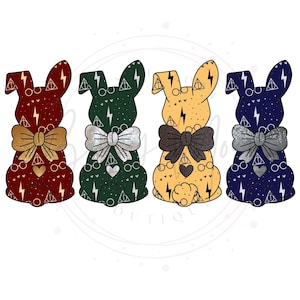 May include: Four colorful bunny-shaped decorations. Each bunny features a bow and is decorated with lightning bolts, glasses, and a triangle symbol. The bunnies are in red, green, yellow, and blue, with gold, silver, and brown bows.