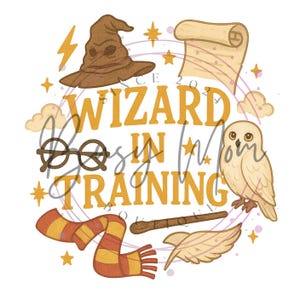May include: A whimsical illustration featuring a brown Sorting Hat, round glasses, a scarf, a wand, and an owl. The text reads "Wizard in Training" in gold lettering, with additional decorative elements like stars and clouds.