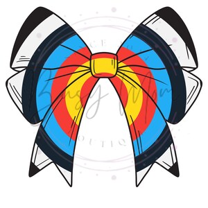 May include: A colorful bow with a target design in red, yellow, blue, and white. The bow is tied in a knot with the ends of the bow extending out.
