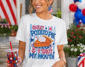 Camiseta con estampado de pastel de batata "Me callo la boca" / Camiseta patriótica sureña de verano