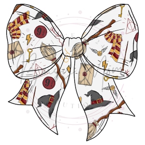 May include: A white hair bow featuring a repeating pattern of iconic imagery. The design includes a red and gold scarf, a lightning bolt, a golden key, a broom, a letter, a train ticket, a sorting hat, and a golden snitch.