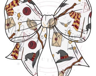 May include: A white hair bow featuring a repeating pattern of iconic imagery. The design includes a red and gold scarf, a lightning bolt, a golden key, a broom, a letter, a train ticket, a sorting hat, and a golden snitch.