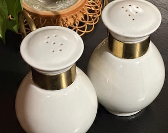 Vintage MCM Mid Century Porcelain with Brass Salt Pepper Shakers