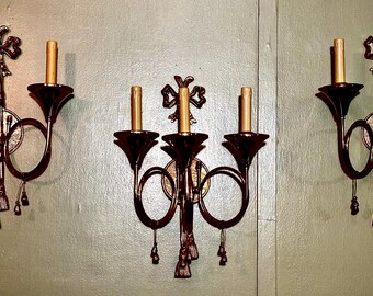 Vintage Italian Brass Electric Sconces Set of 3 MCM Neobaroque