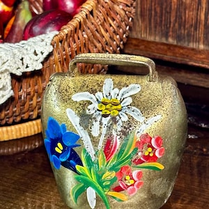 Vintage Swiss Brass Cow Bell Hand Painted Floral Made in Switzerland