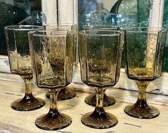Vintage Libbey Smoky Brown Facets Octagon Water Goblets Wine Glasses MCM Set of 6