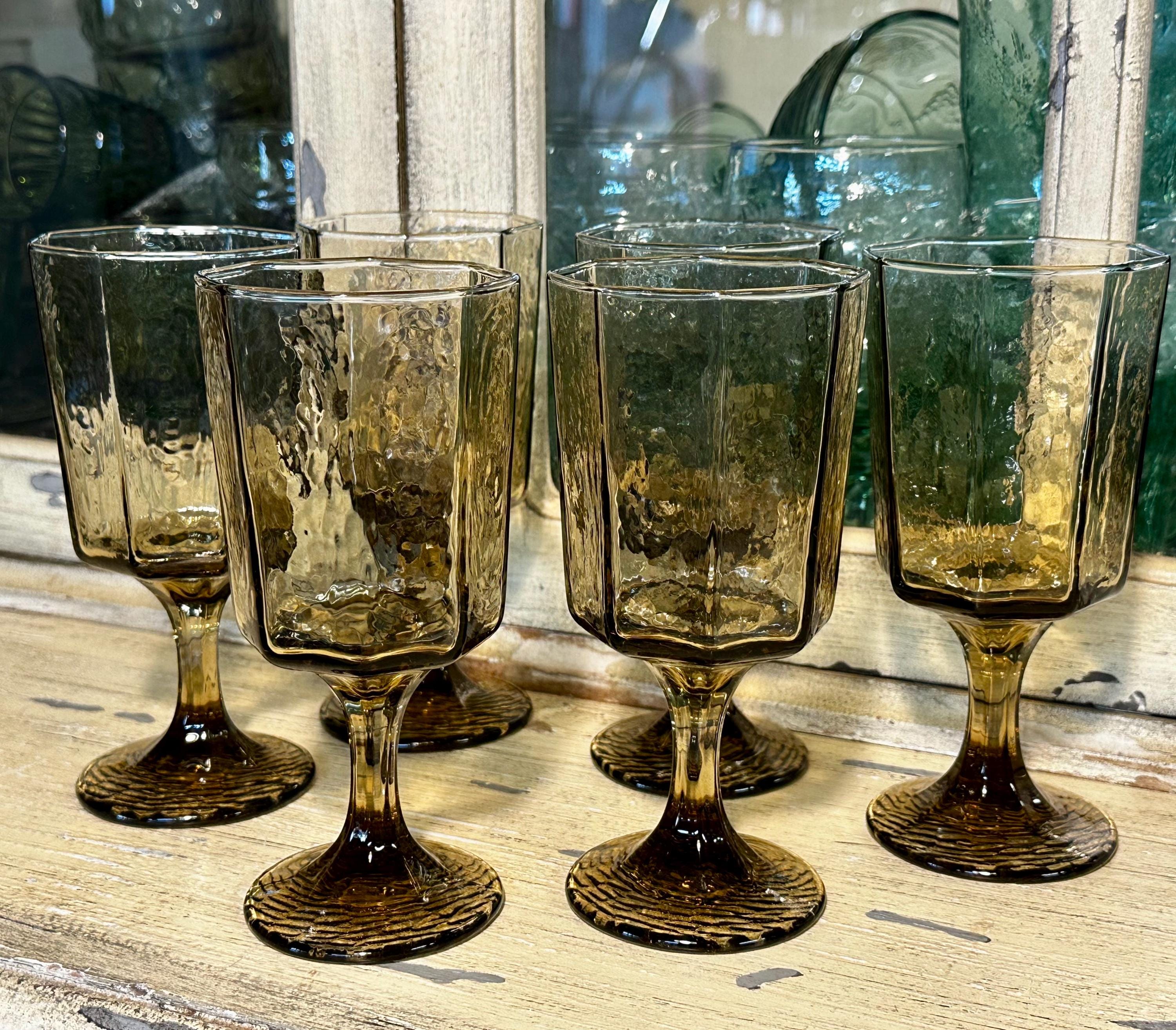Vintage Libbey Smoky Brown Facets Octagon Water Goblets Wine Glasses MCM  Set of 6
