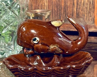 Vintage Ceramic Brown Glazed Ashtray Whale Mid Century MCM Gold Accent