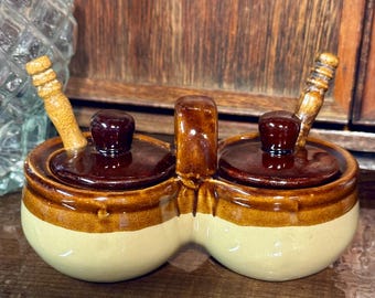 Vintage Glazed 3 Tone Brown Stoneware Double Condiment Server Pottery with Spoons