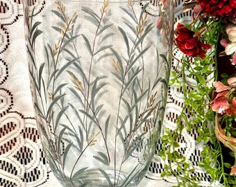 Vintage Romanian Large Crystal Vase Wheat Grass Pattern Flower Bouquet Centerpiece Nature Inspired Colors