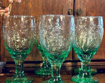 Vintage Libbey Green Glass Goblets: Embossed Orchard Fruit, Set of 5