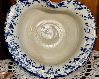 Vintage Marshall Texas Pottery Handmade Ceramic Heart Shaped Bowl Dish Blue Speckled Circa 1970s-80s
