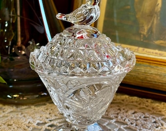 Hofbauer Byrdes Collection Vintage Lead Crystal Bird Trinket Ring Jam Dish Box With Lid