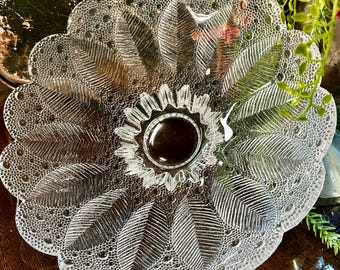 Vintage Lausitzer Lead Crystal Footed Scalloped Bowl Glass Dew Drops German Medea Pattern 10.5”