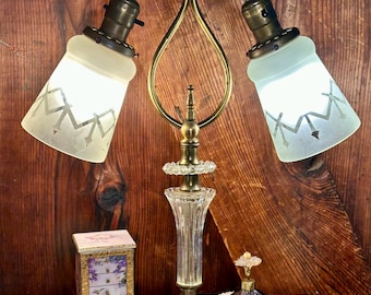 Vintage Double Arm Art Deco Style Crystal and Brass Student Table Lamp