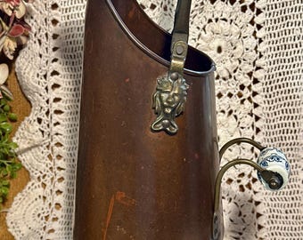 Vintage Dutch Copper and Brass Coal Ash Scuttle Bucket Pail Fireplace Accessory Delft Porcelain Blue and White Handle