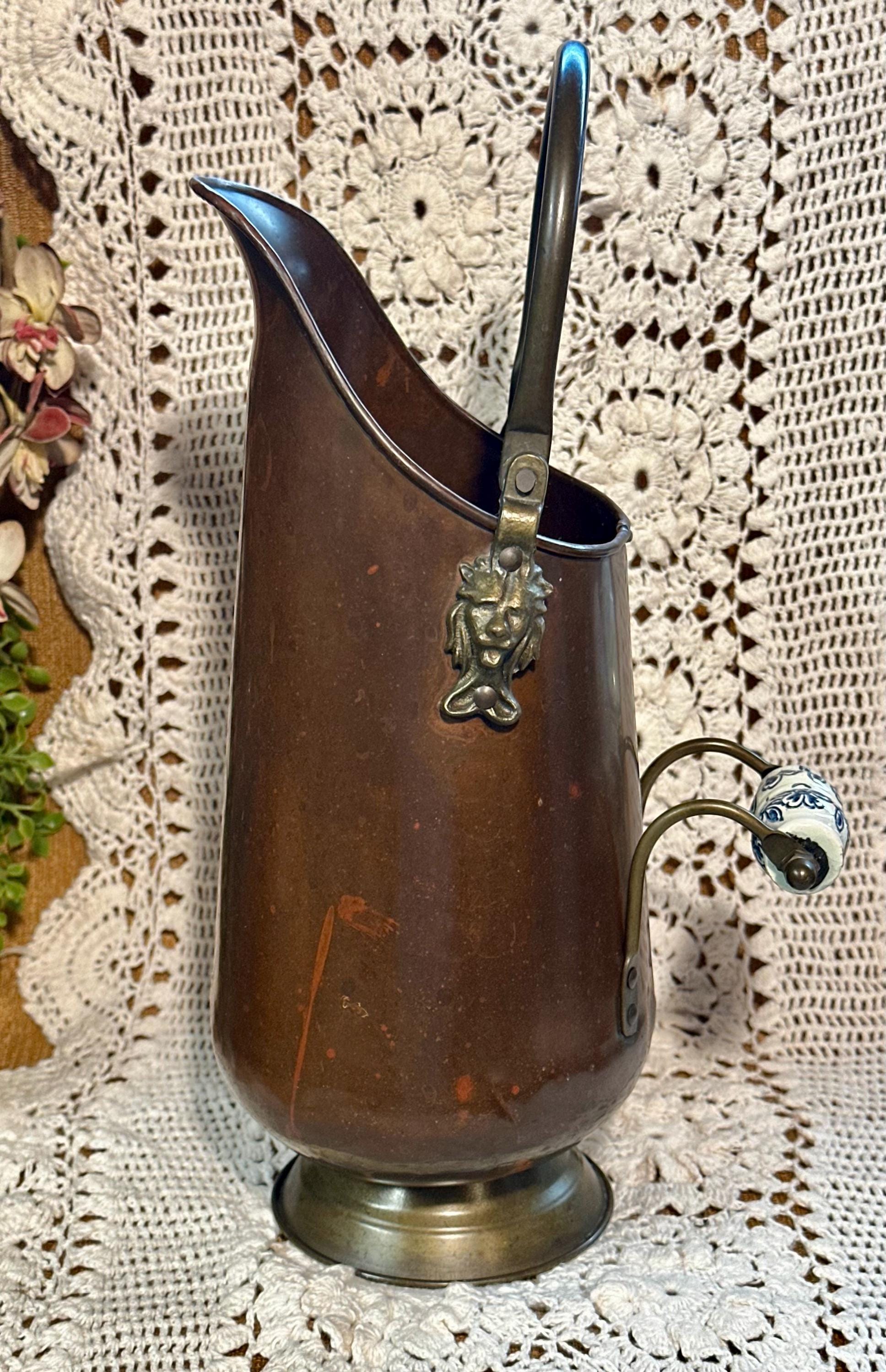 Vintage Dutch Copper Coal Scuttle Bucket: Brass & Delft Porcelain Handle