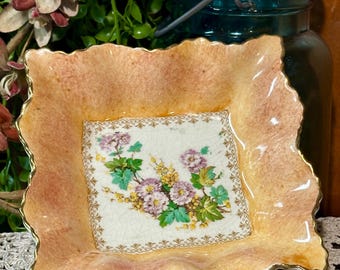 Vintage James Kent Peach Floral Trinket Dish: Gold Ruffled Rim