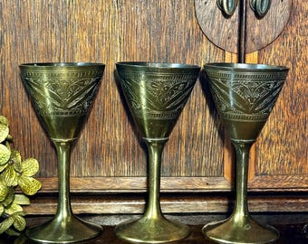 Vintage MCM Etched Brass Cocktail Cordials Tea Miniature Goblets Made in India