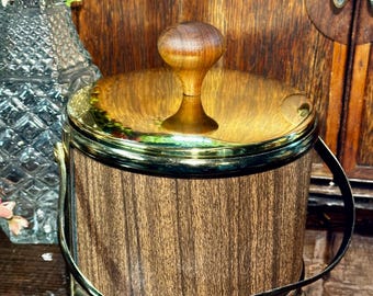 Vintage MCM Faux Wood Grain Gold Accent Ice Bucket Milk Glass Mid Century