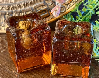 Pier 1 Amber Glass Cube Candle Holders: Vintage Recycled Glass