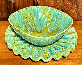 Vintage Monterey Jade MCM Style Bowl and Platter Large Unique Handmade Set