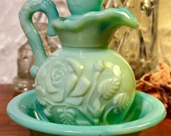 Vintage Avon Turquoise Green Milk Glass Pitcher and Bowl Bath Oil