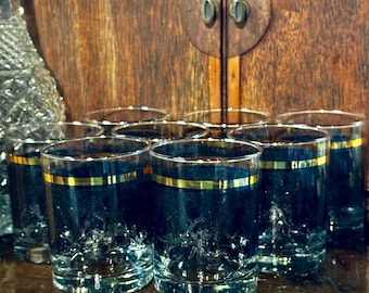 Vintage Black Gold Rocks Leather Pattern Whiskey Glasses Set of 8 MCM