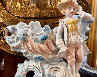 Vintage Victorian Bisque Colonial Boy Blue Ornate Shell Planter Japan