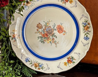Piatto in porcellana floreale vintage Villeroy & Boch: fascia blu da 25 cm, bordo dorato