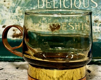 Vintage Beucler Ltd. Smokey Glass Cups: Copper & Brass MCM Set