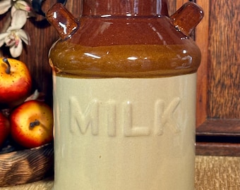 Vintage Brown Beige Glazed Drip Milk Jug Pitcher Handles Jar Utensil Holder