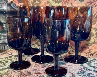 GORHAM Reizart Crystal Wine Glasses, MCM Brown Glass Goblets, Set of 6